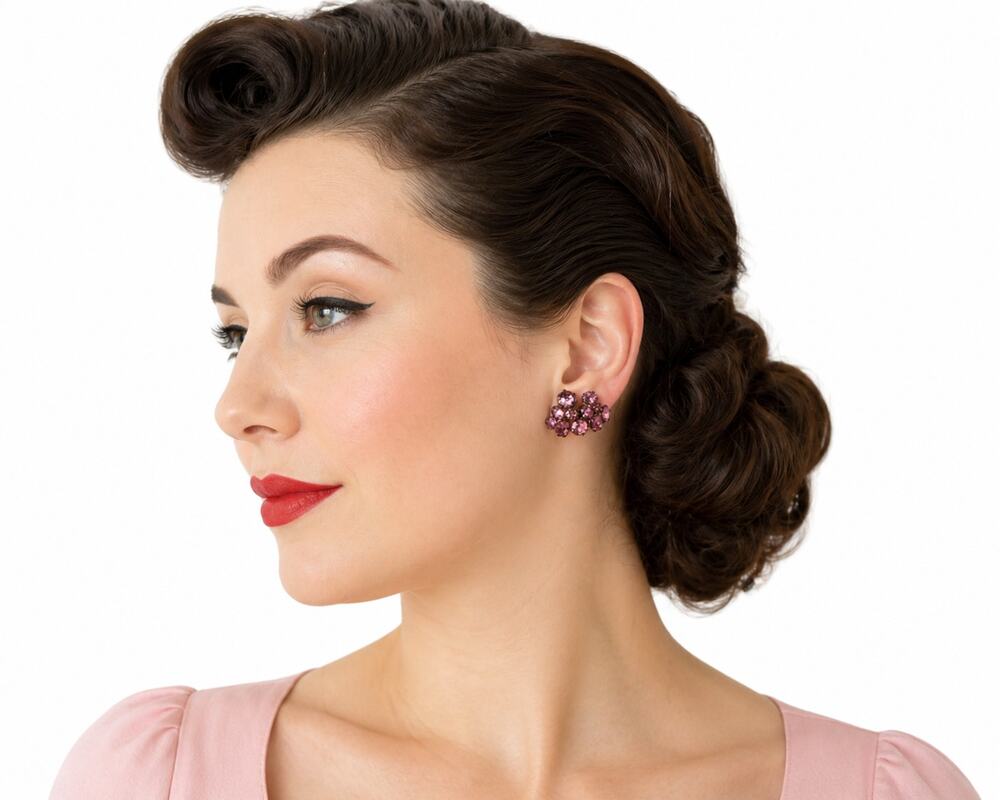 Vintage 50s Pink Rhinestone Screw Back Earrings Brass Cluster